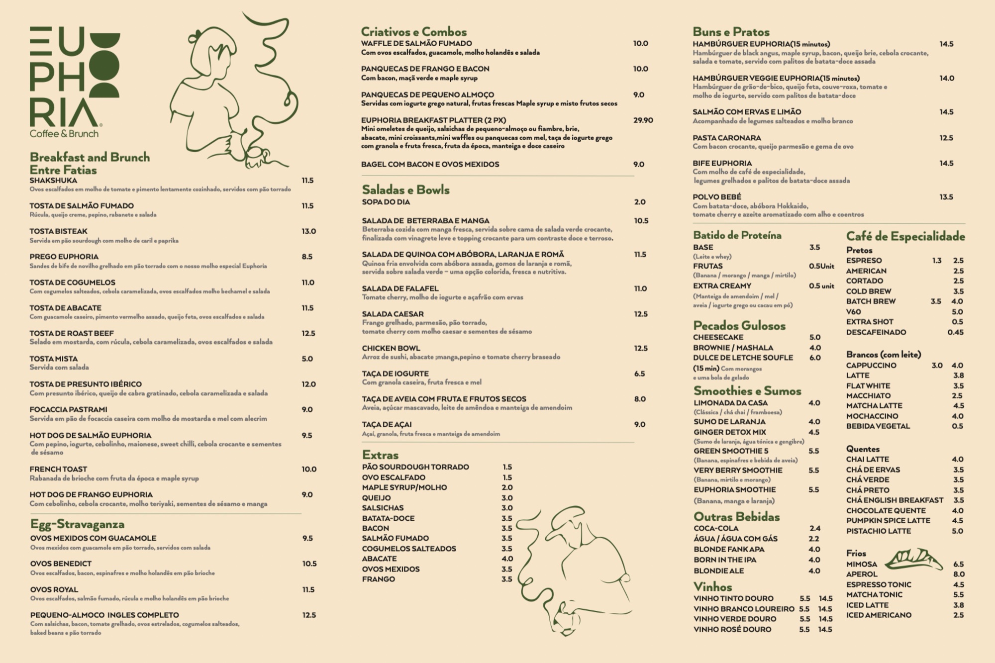 Frente do menu português com a carta em três colunas sobre creme