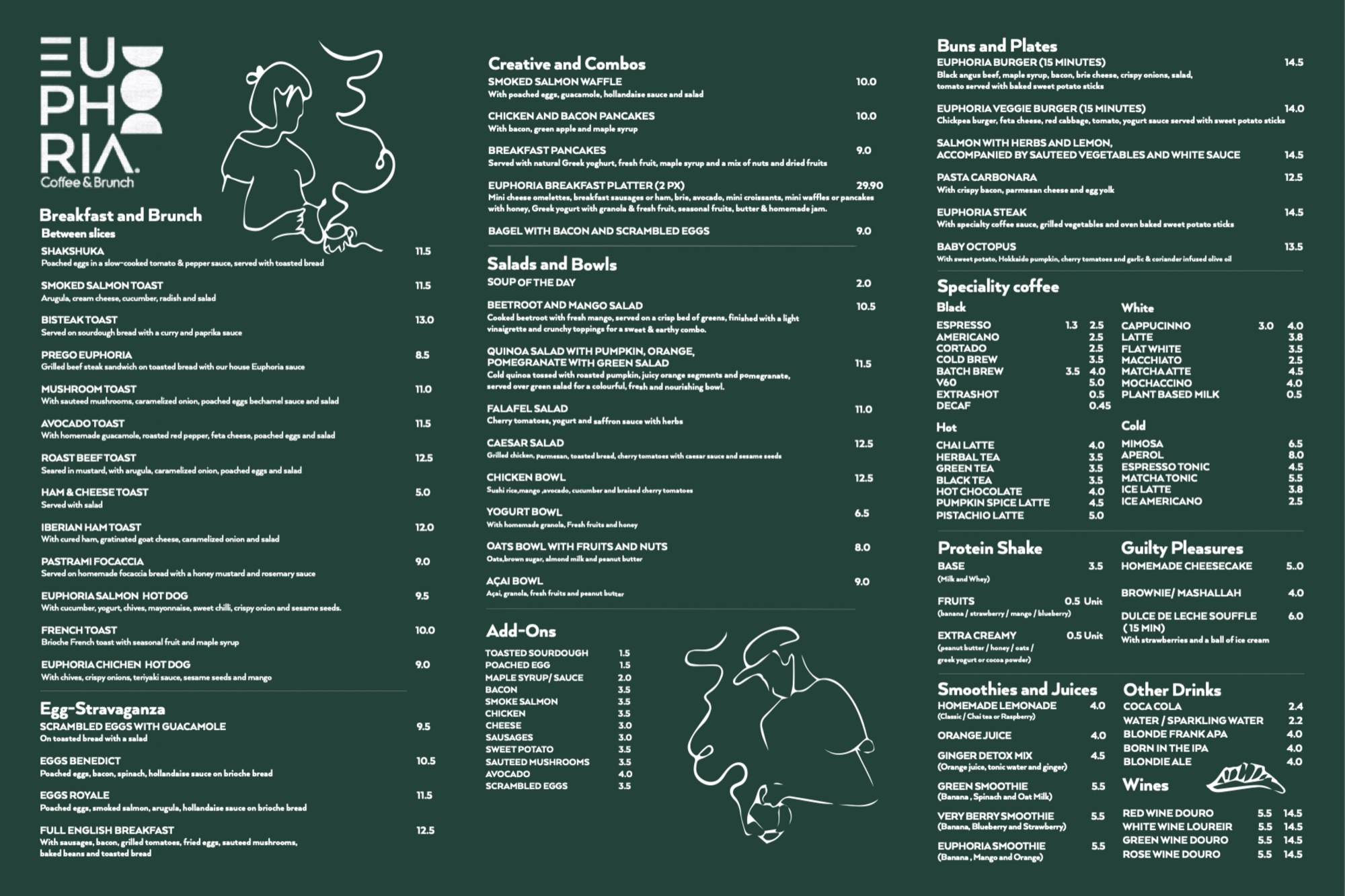 Frente do menu inglês com a carta em três colunas sobre verde