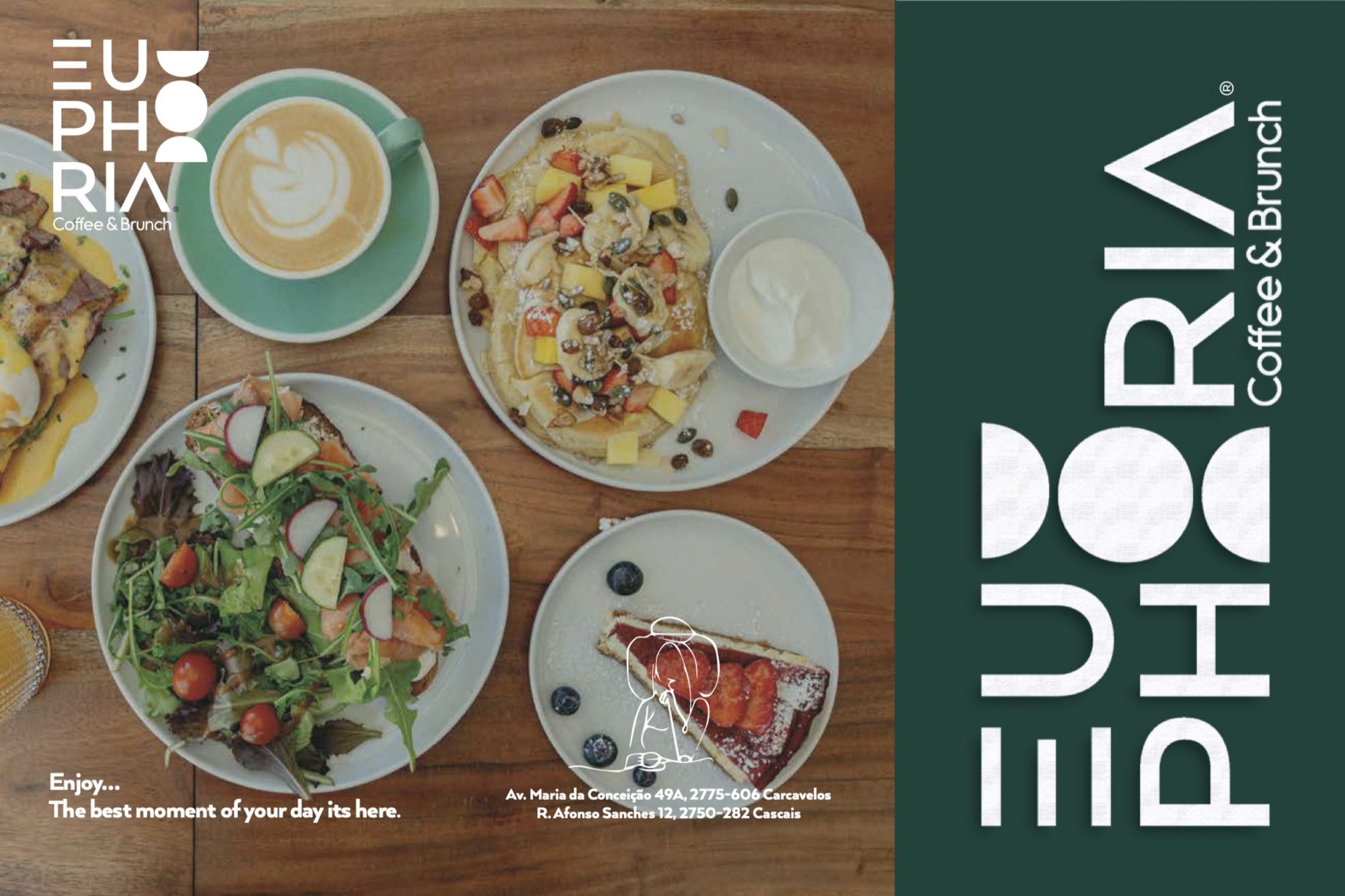 Verso do menu inglês com fotografia dos pratos e logótipo vertical sobre verde