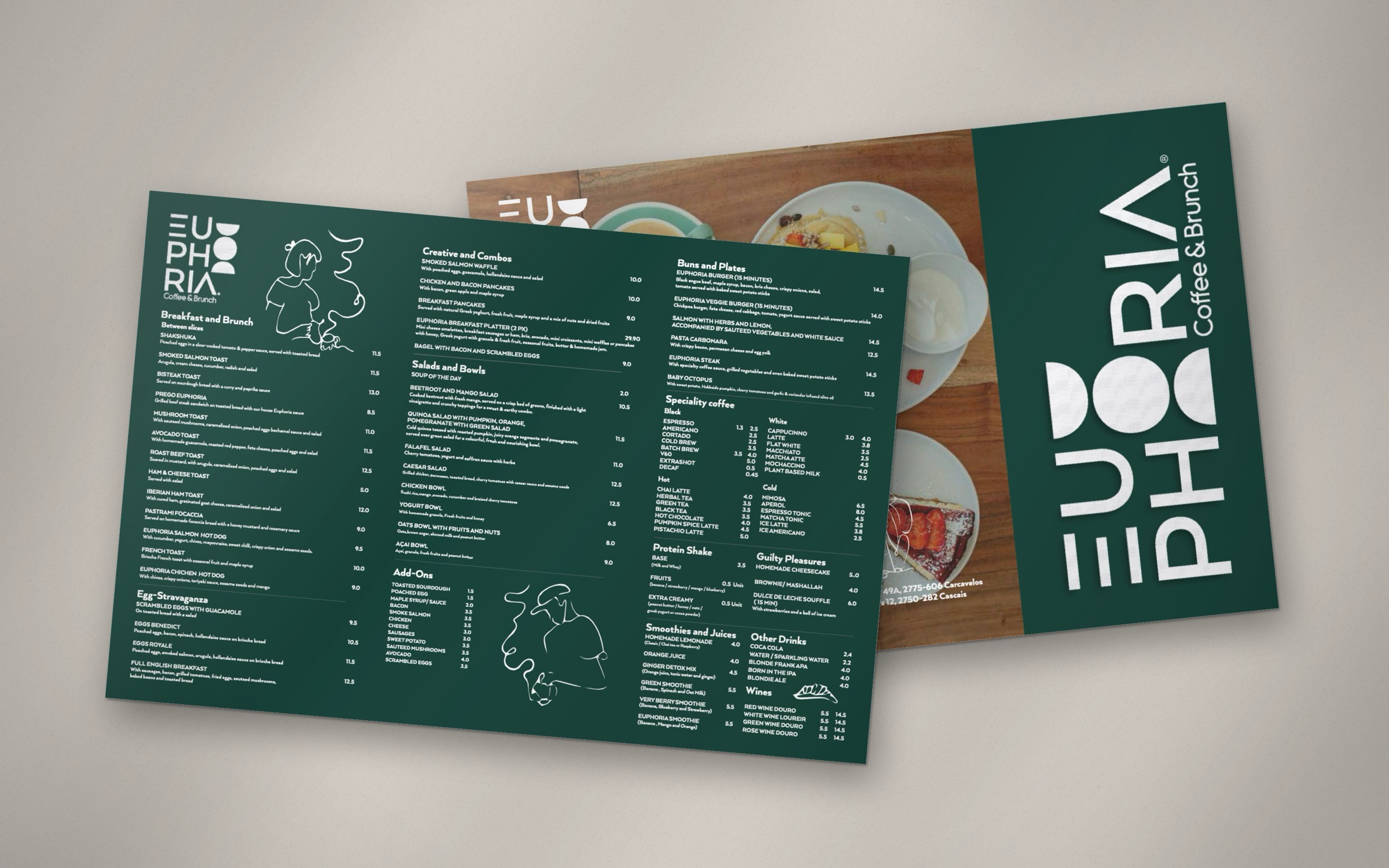 Menu Euphoria em inglês, frente verde com a carta e verso com fotografia e logótipo, pousados numa mesa