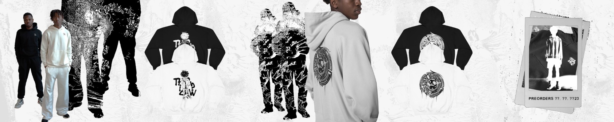 Carrossel de pré-venda: modelos com hoodies preto e branco, estampados e cartão com a data de pré-venda
