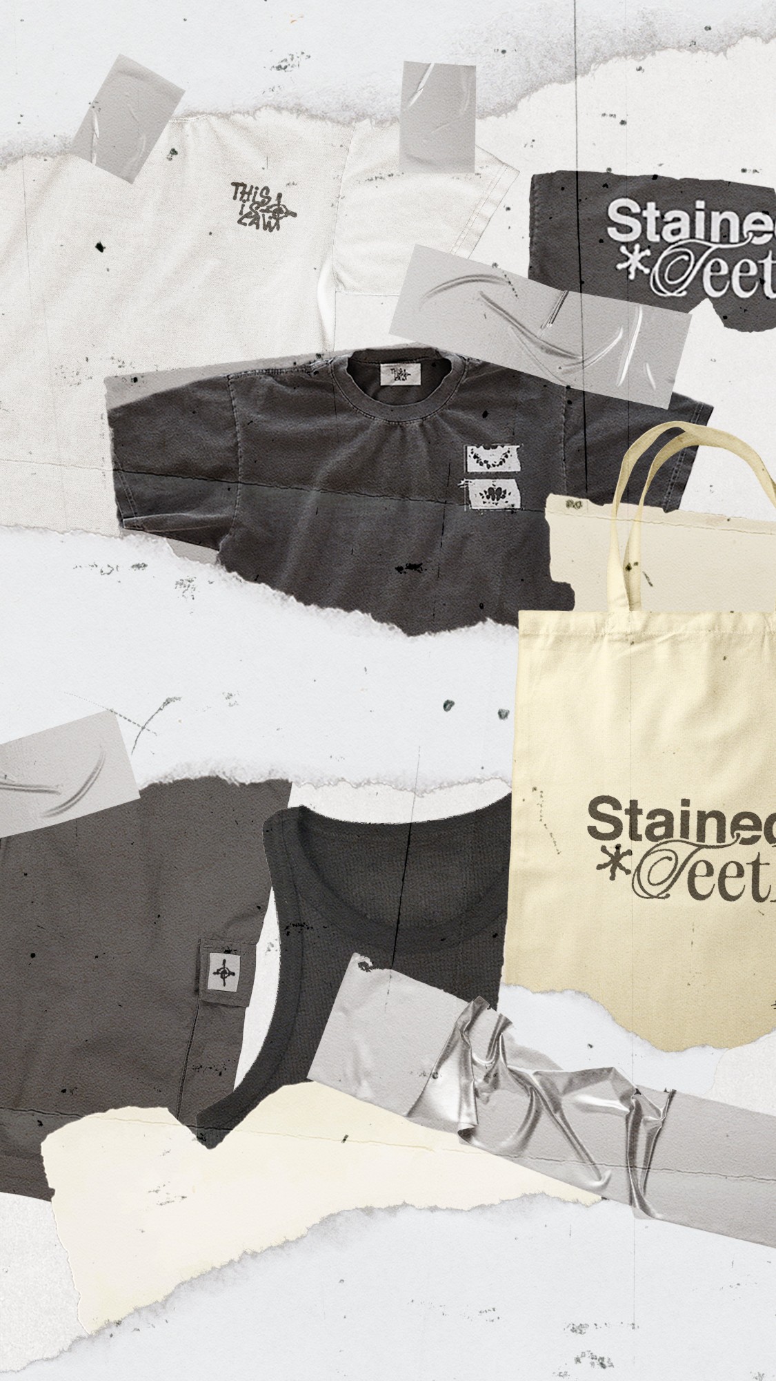 Colagem com t-shirts, top e tote bag da marca