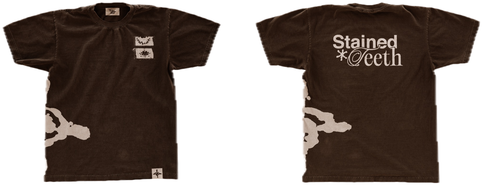 T-shirt castanha Stained Teeth, frente e costas