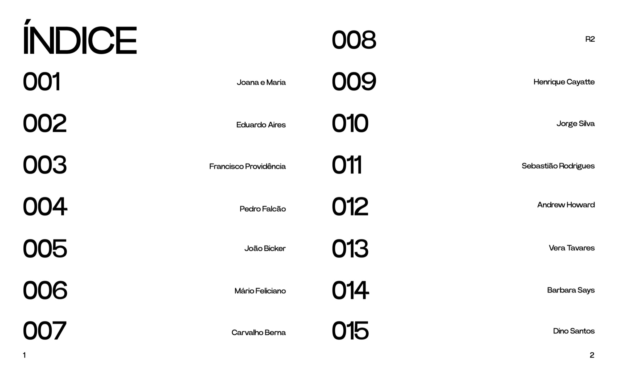 Índice com os quinze designers, numerados de 001 a 015