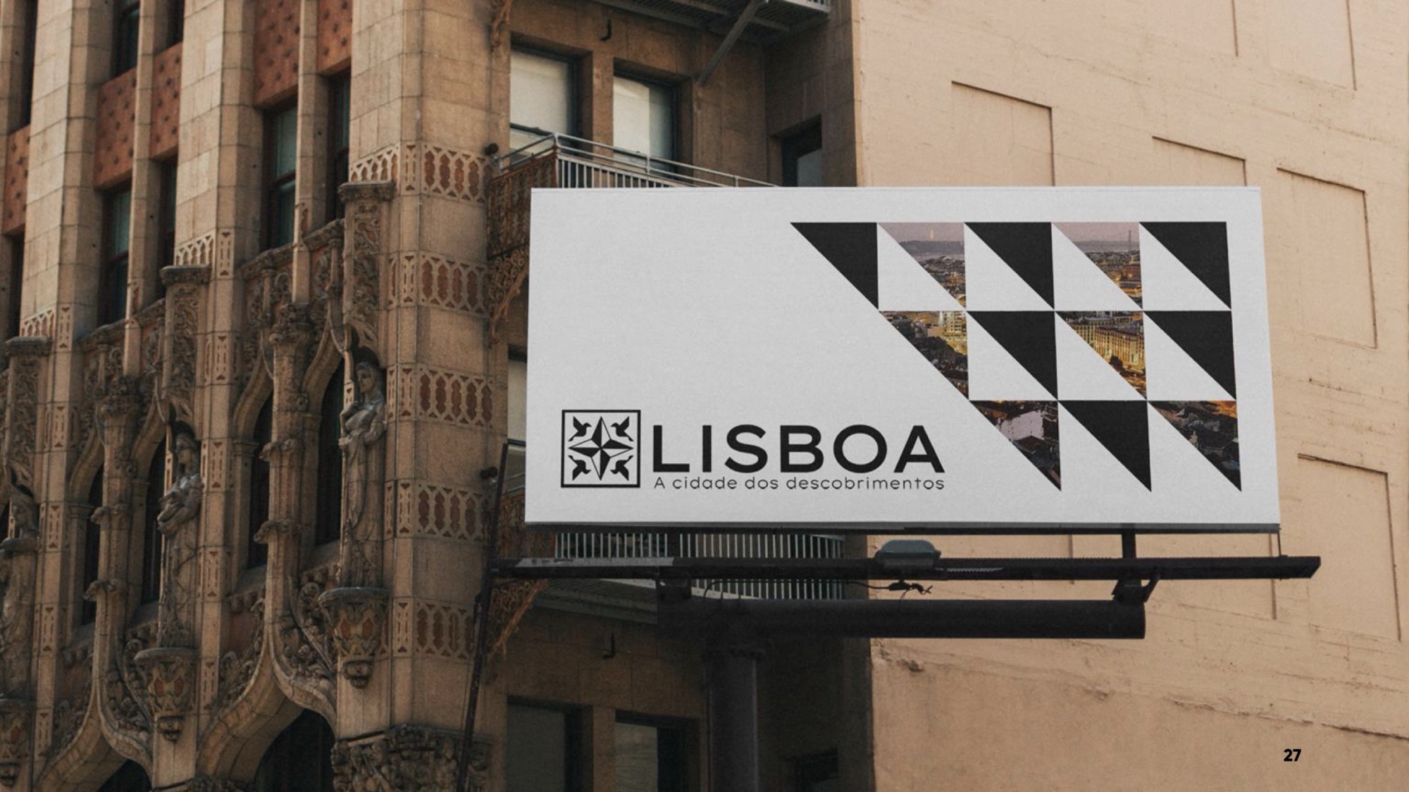 Outdoor Lisboa com padrão de triângulos e fotografias da cidade