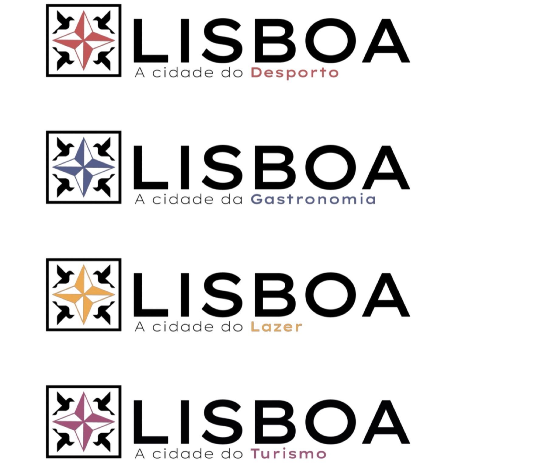 Quatro versões do logótipo para Desporto, Gastronomia, Lazer e Turismo